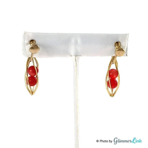 Vintage Twisted Caged Red Beads Screw Back Drop Earrings - Picture 3 of 7